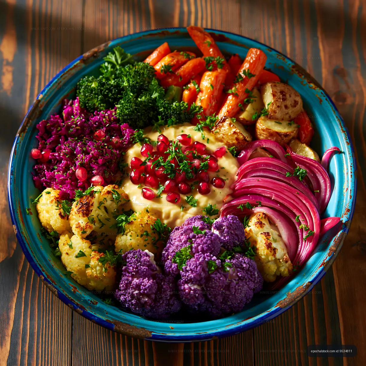 Colorful vegetable platter with hummus and pomegranate seeds