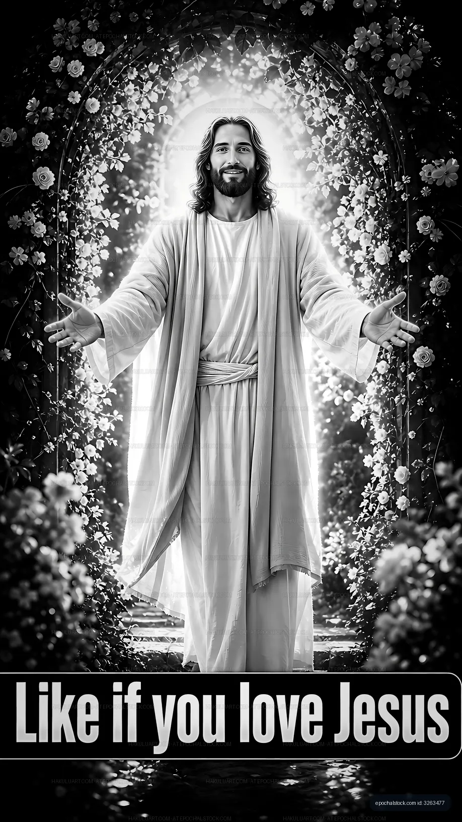 Jesus standing with open arms surrounded by flowers