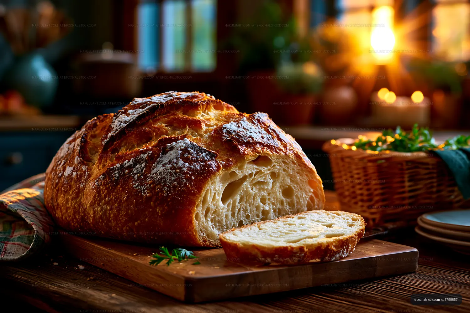 Freshly baked bread on a wooden board with sunlight in the background