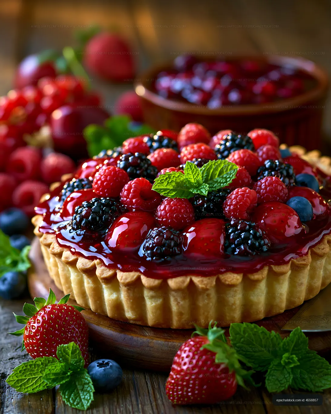 Berry tart with fresh fruit and mint on a wooden table