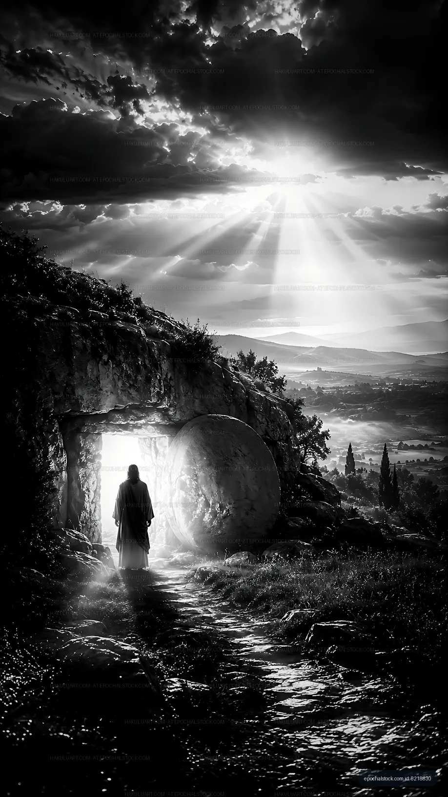 Sunlight shines through cave entrance with person walking out