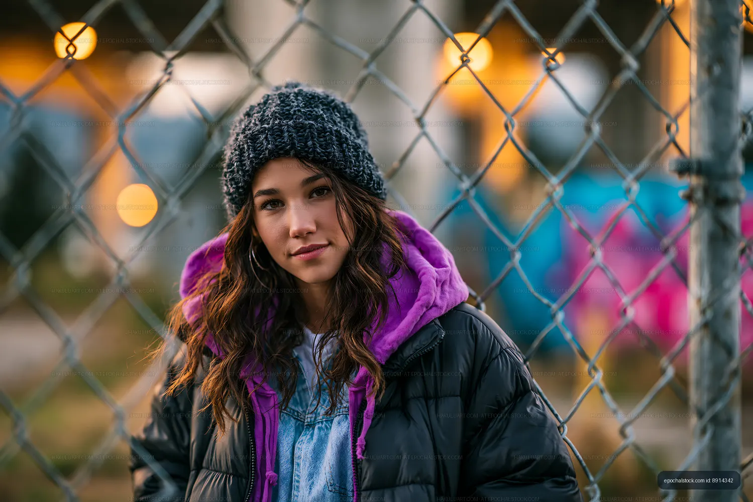 Young woman standing near a chain-link fence with urban backdrop