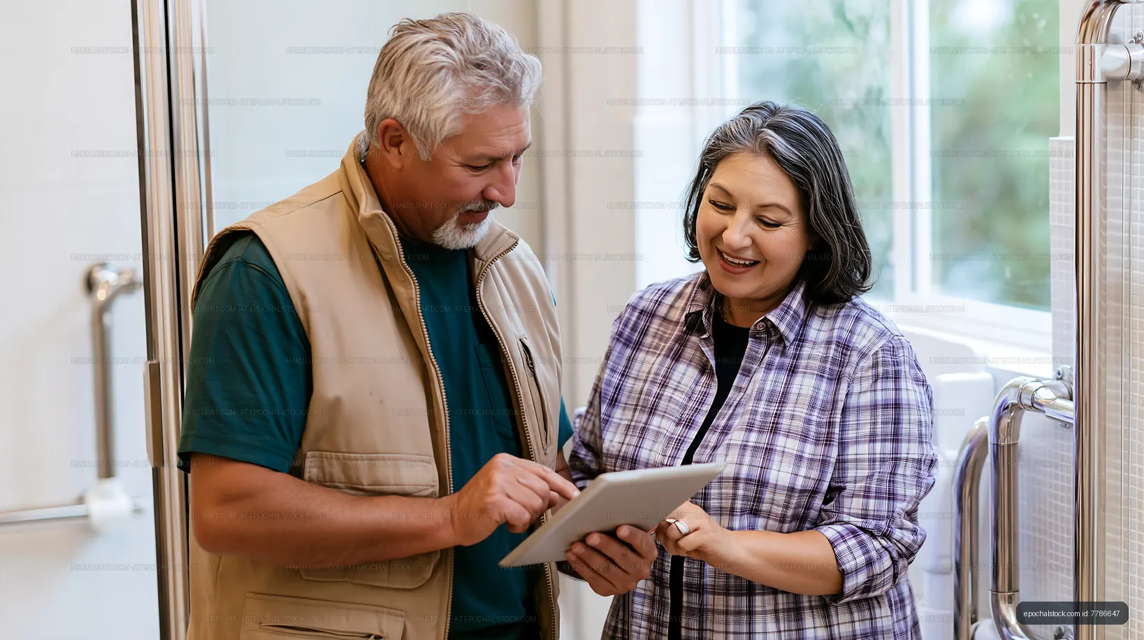 Couple discussing home improvement project in bathroom