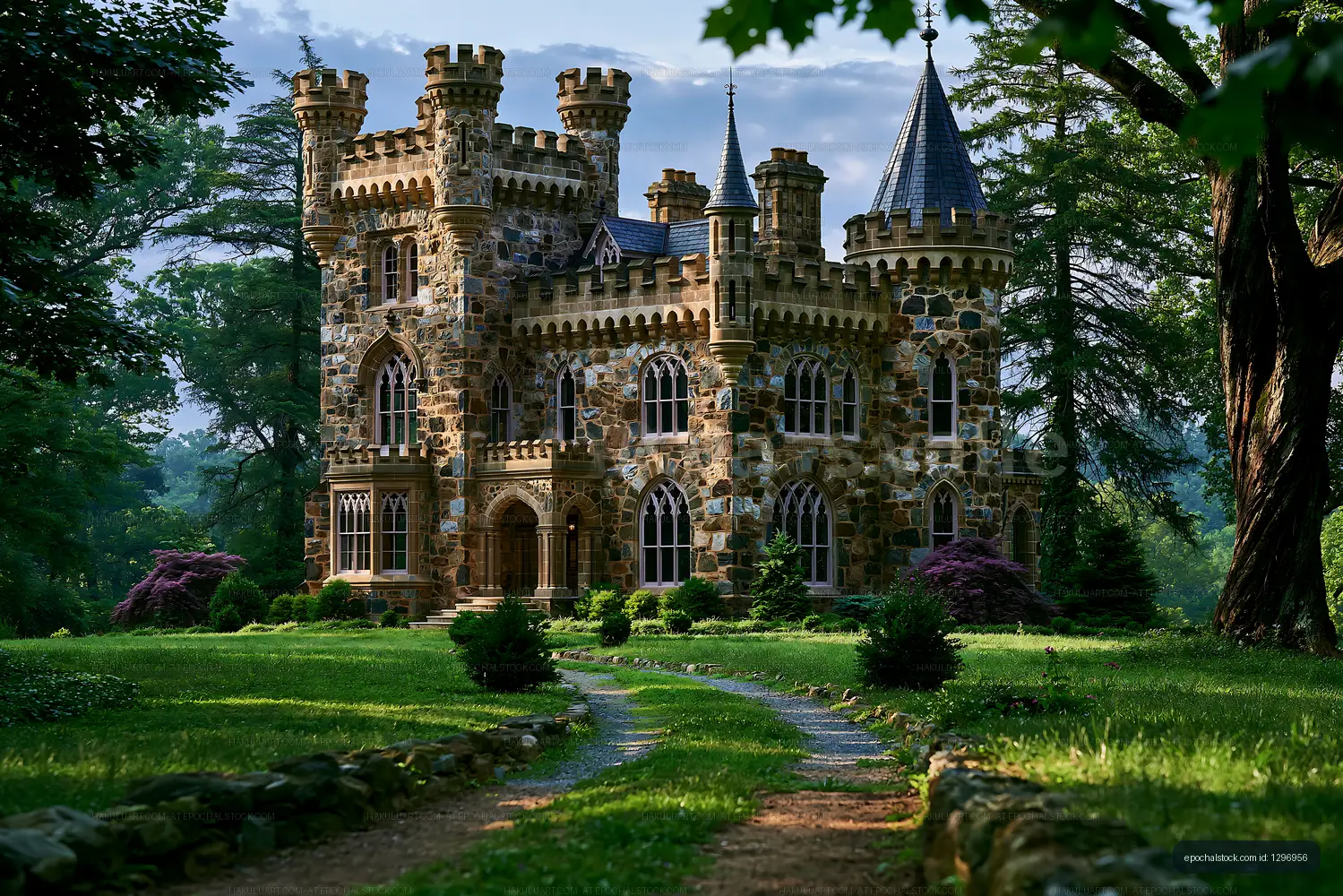 Castle surrounded by trees and garden path in daylight