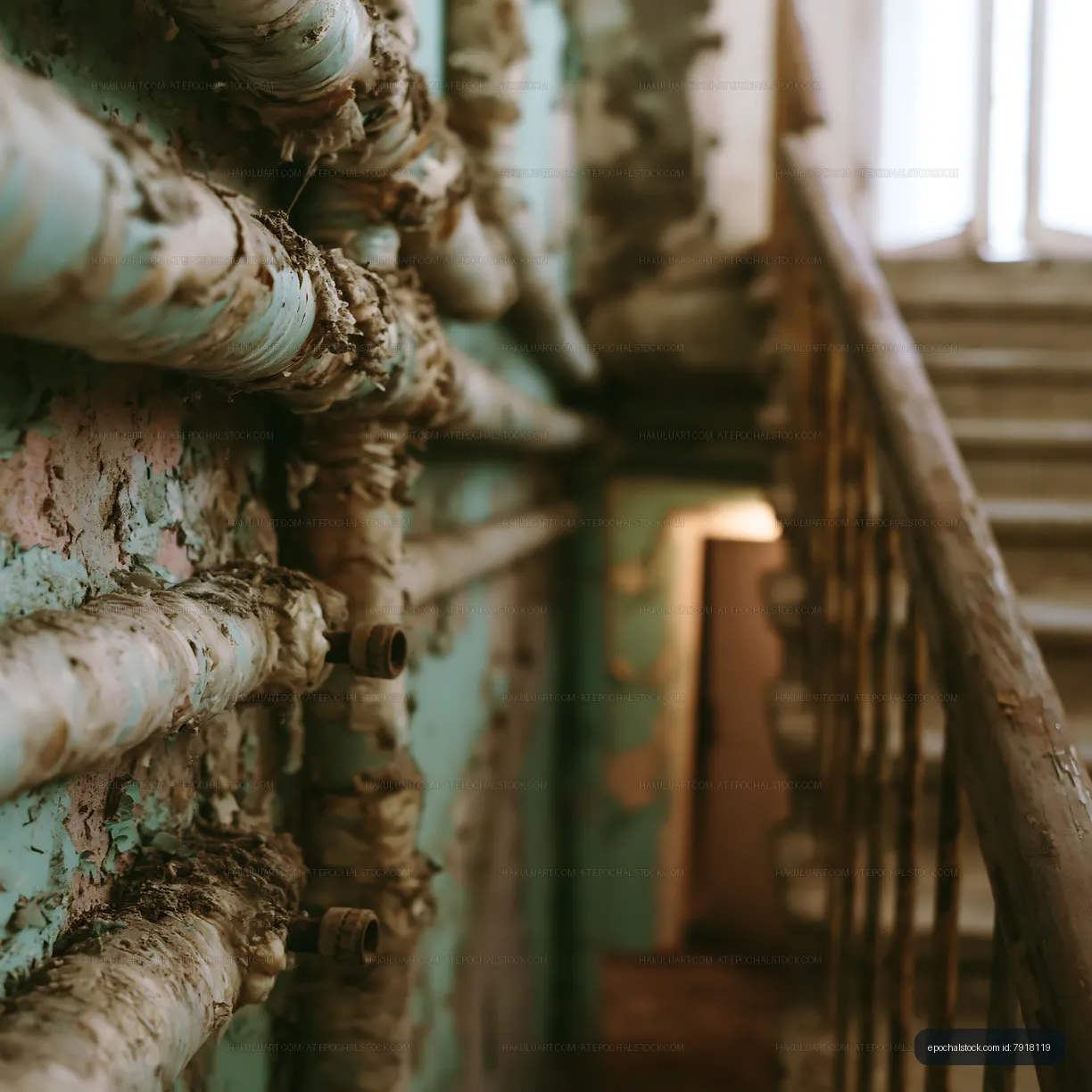 Old industrial pipes along a staircase in a building