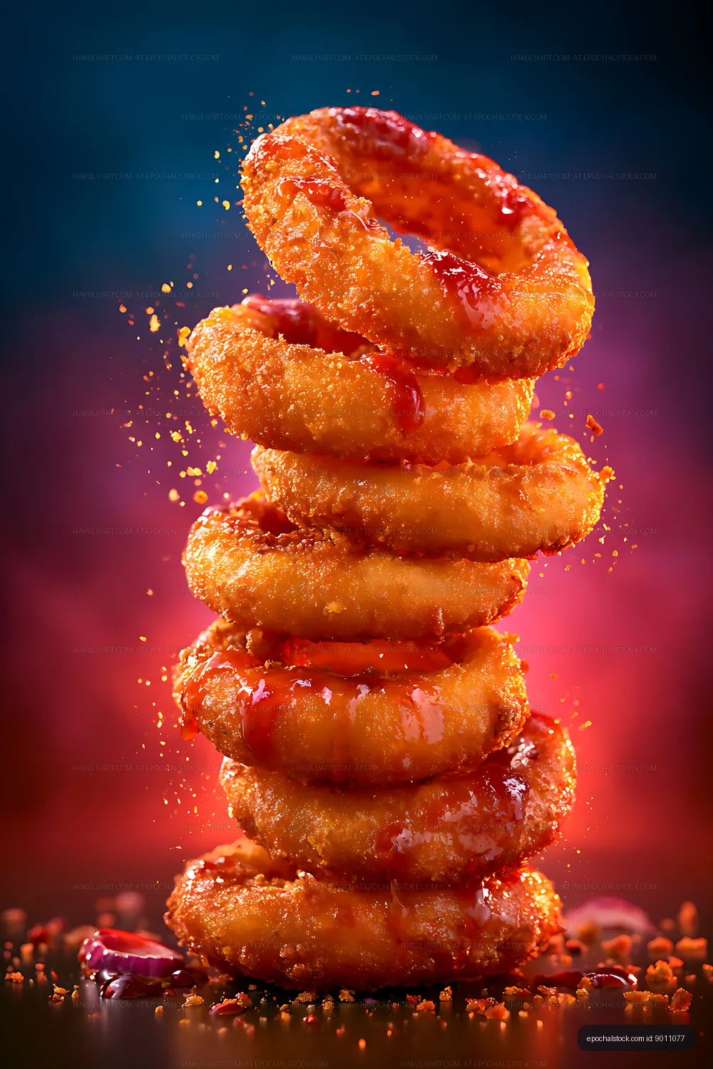 Stack of onion rings drizzled with sauce on colorful background