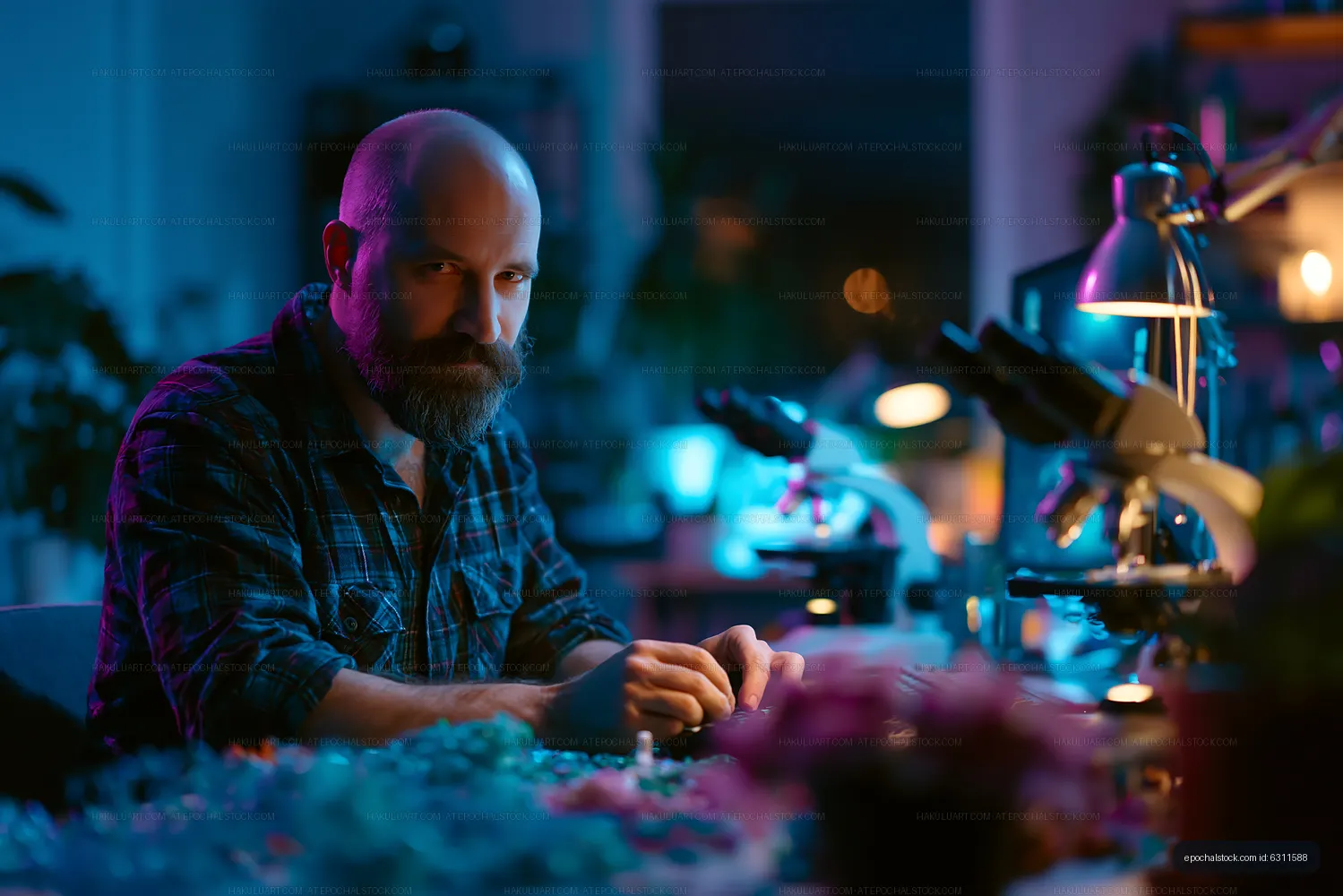 Scientist working in a laboratory with colorful lighting