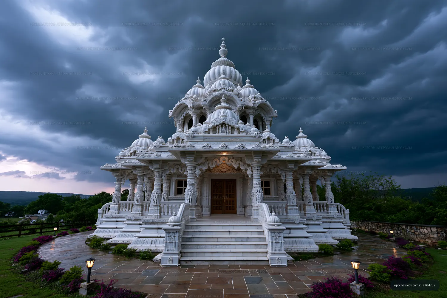 Beautiful white temple under a stormy sky