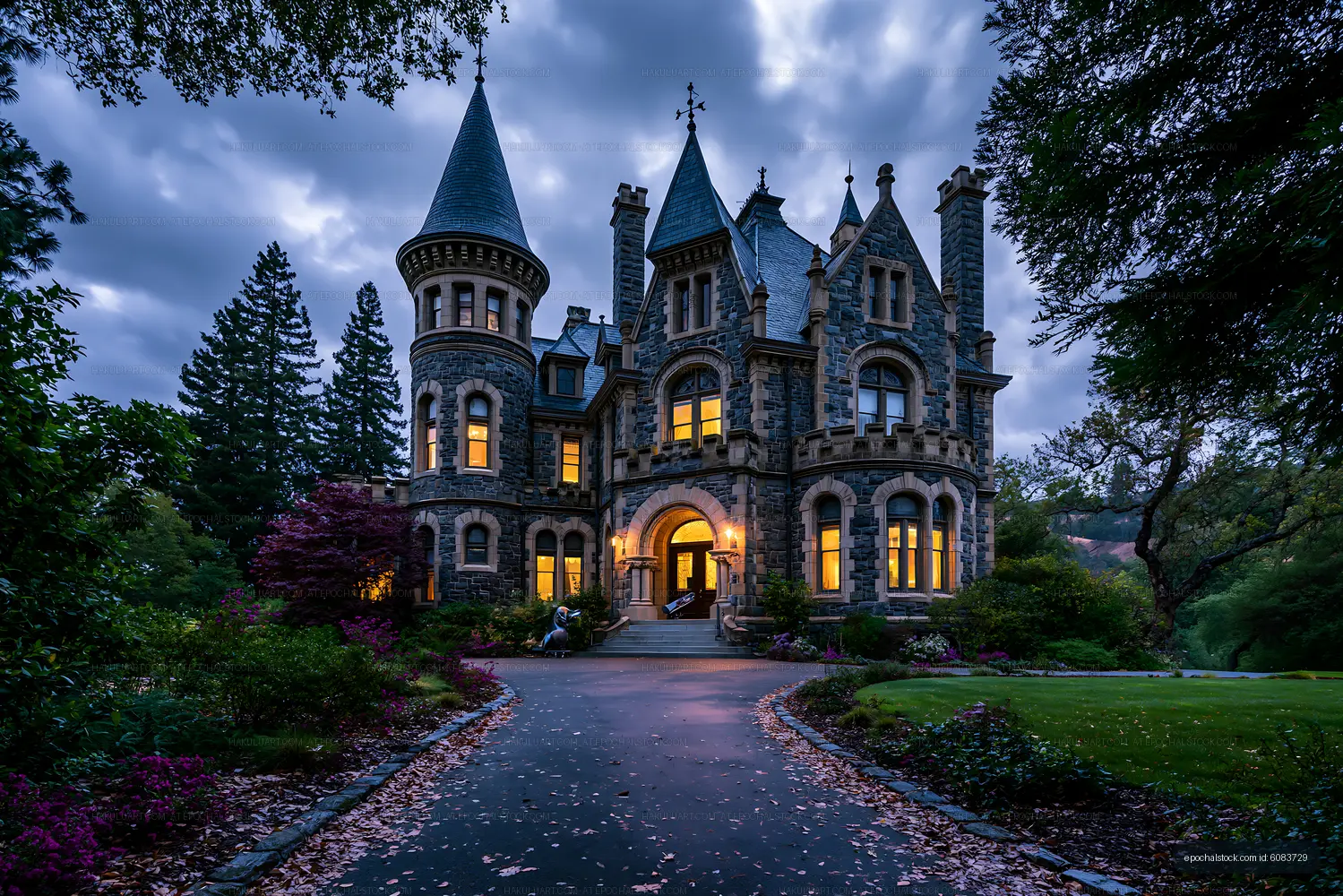 Historic mansion illuminated at dusk