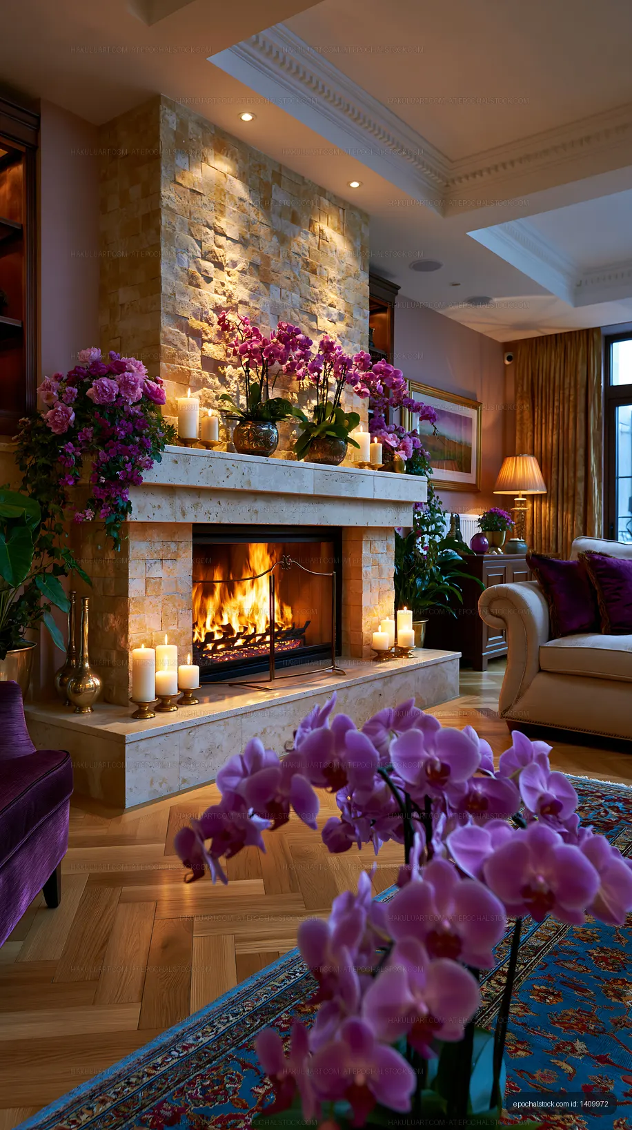 Cozy living room with fireplace and blooming orchids