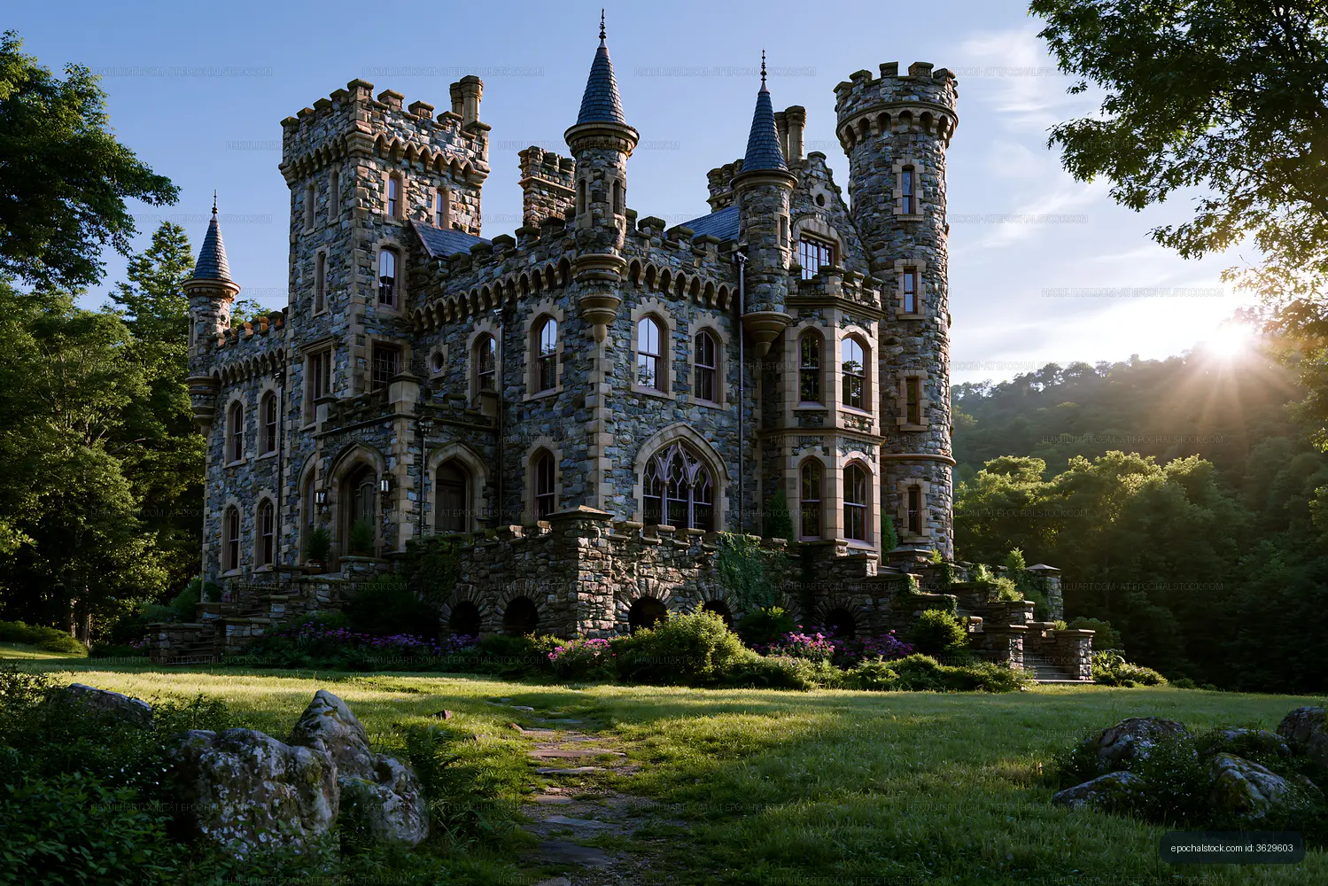 Stone castle surrounded by trees with sunlight in background