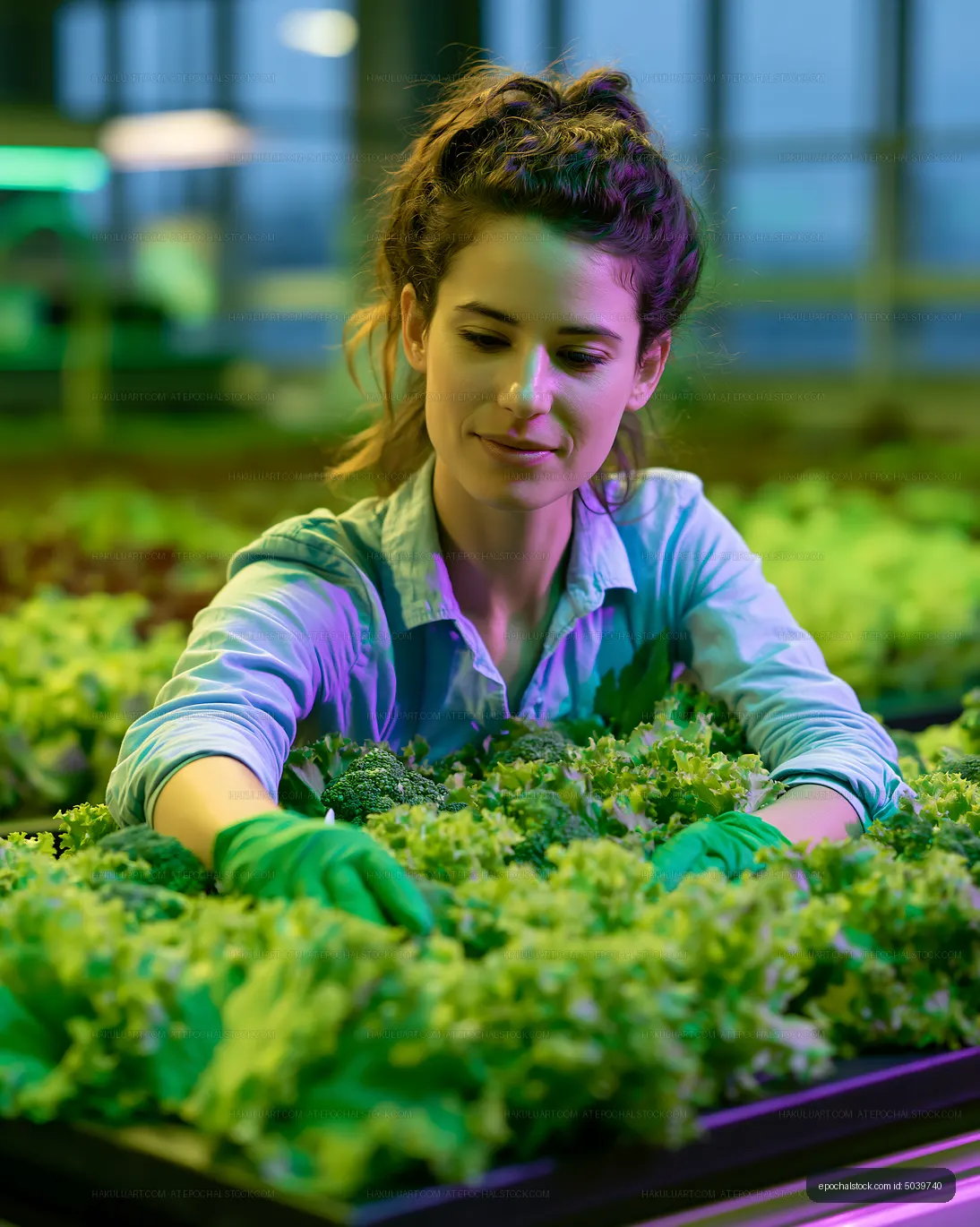 Worker harvesting lettuce in indoor farm with green lighting