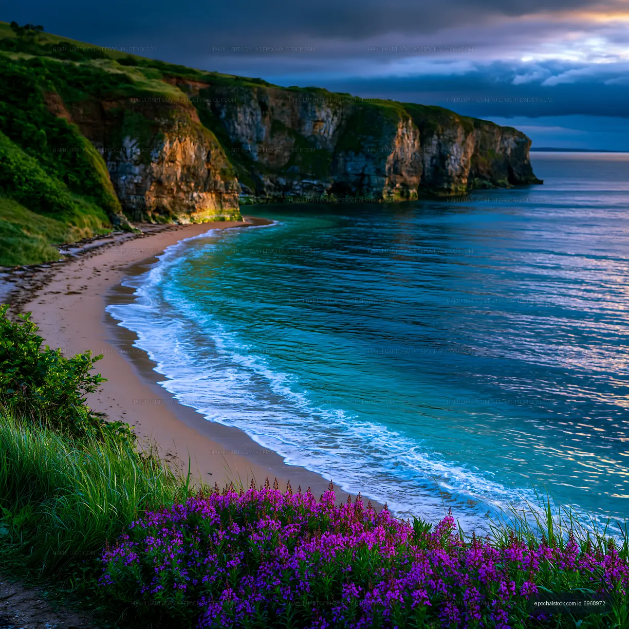 Cliffside beach with waves and flowers in evening light