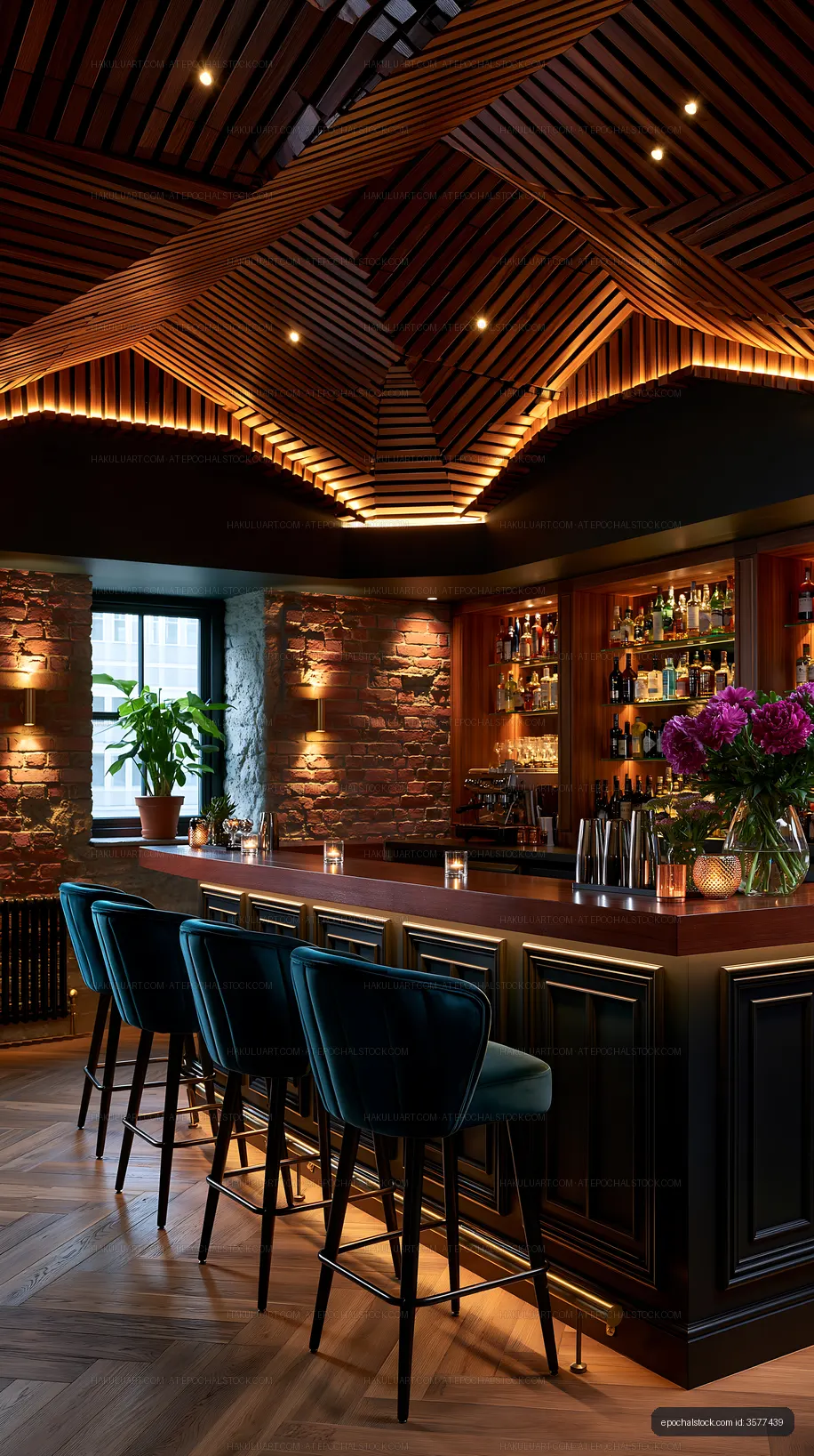 Modern bar interior with stylish seating and warm lighting