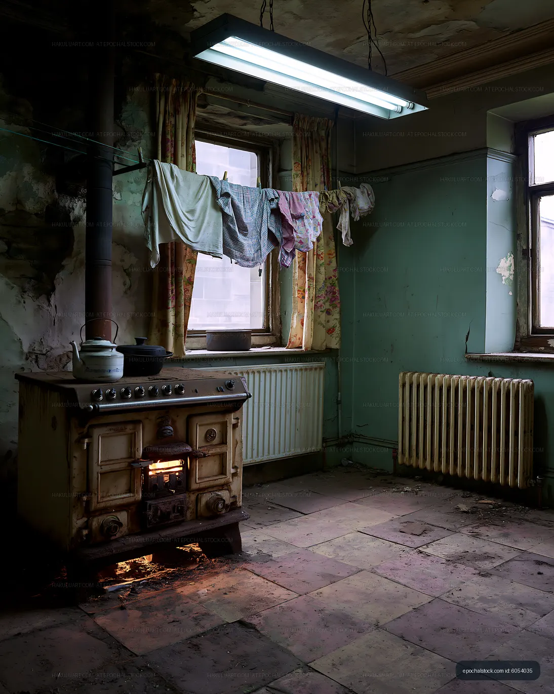 Old kitchen with rustic stove and clothes hanging to dry