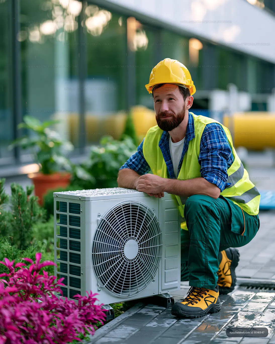 Worker installing outdoor air conditioning unit near plants
