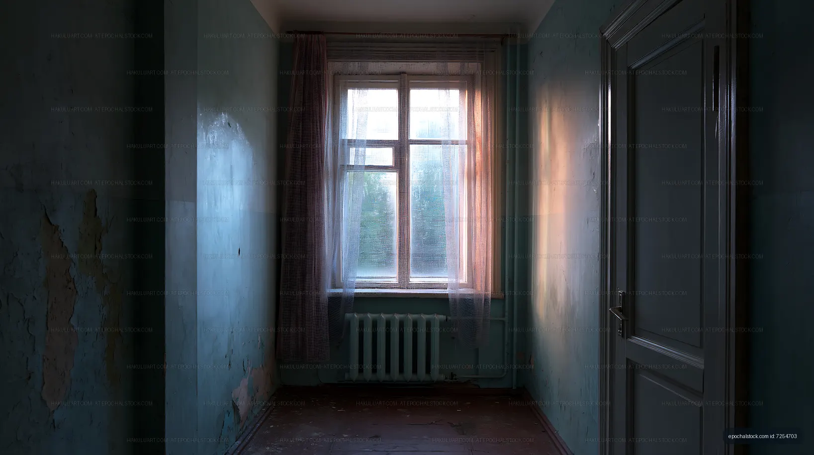Empty room with peeling walls and window light in old building