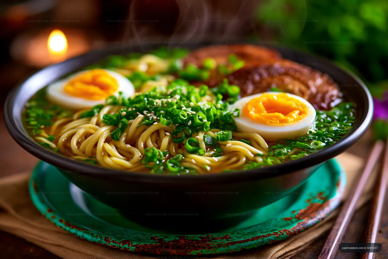 Warm bowl of noodles with eggs and green onions