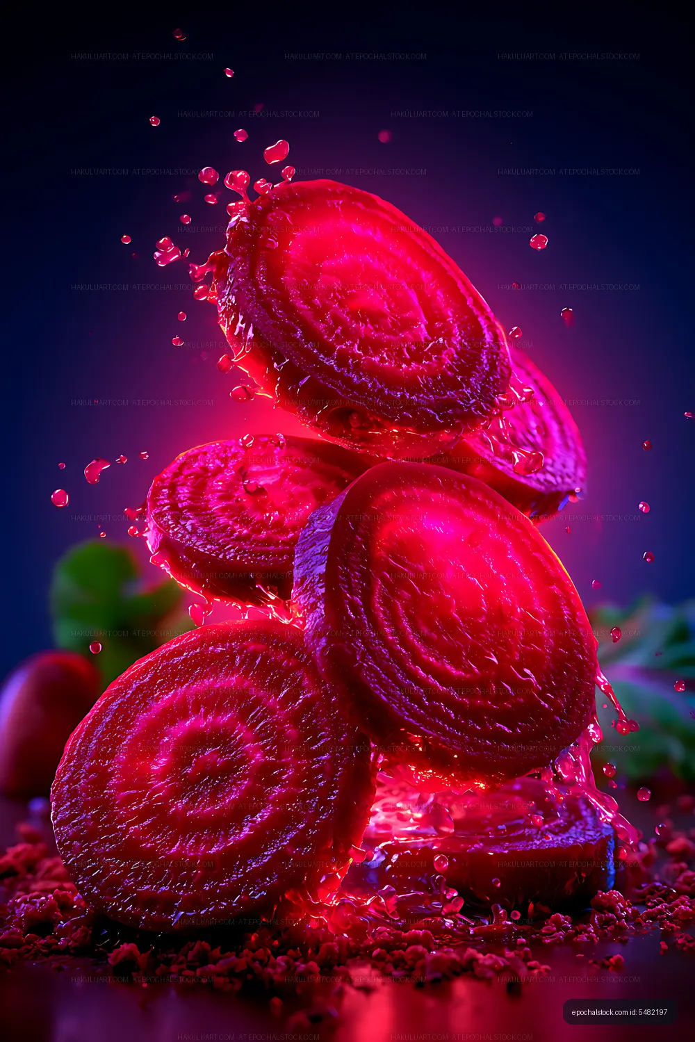 Beetroot slices with red light splashes on dark background