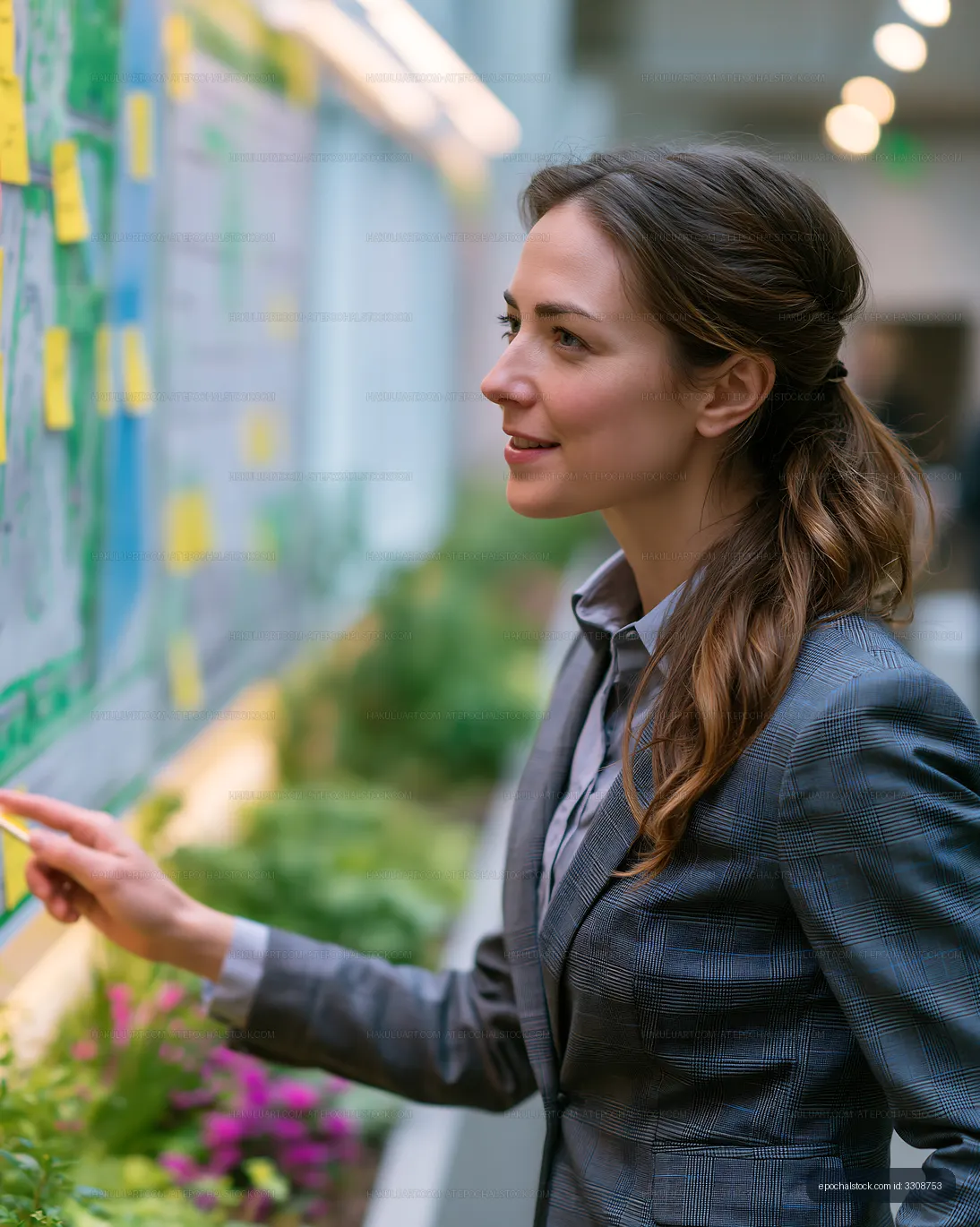 Young woman pointing at a board in a modern office setting