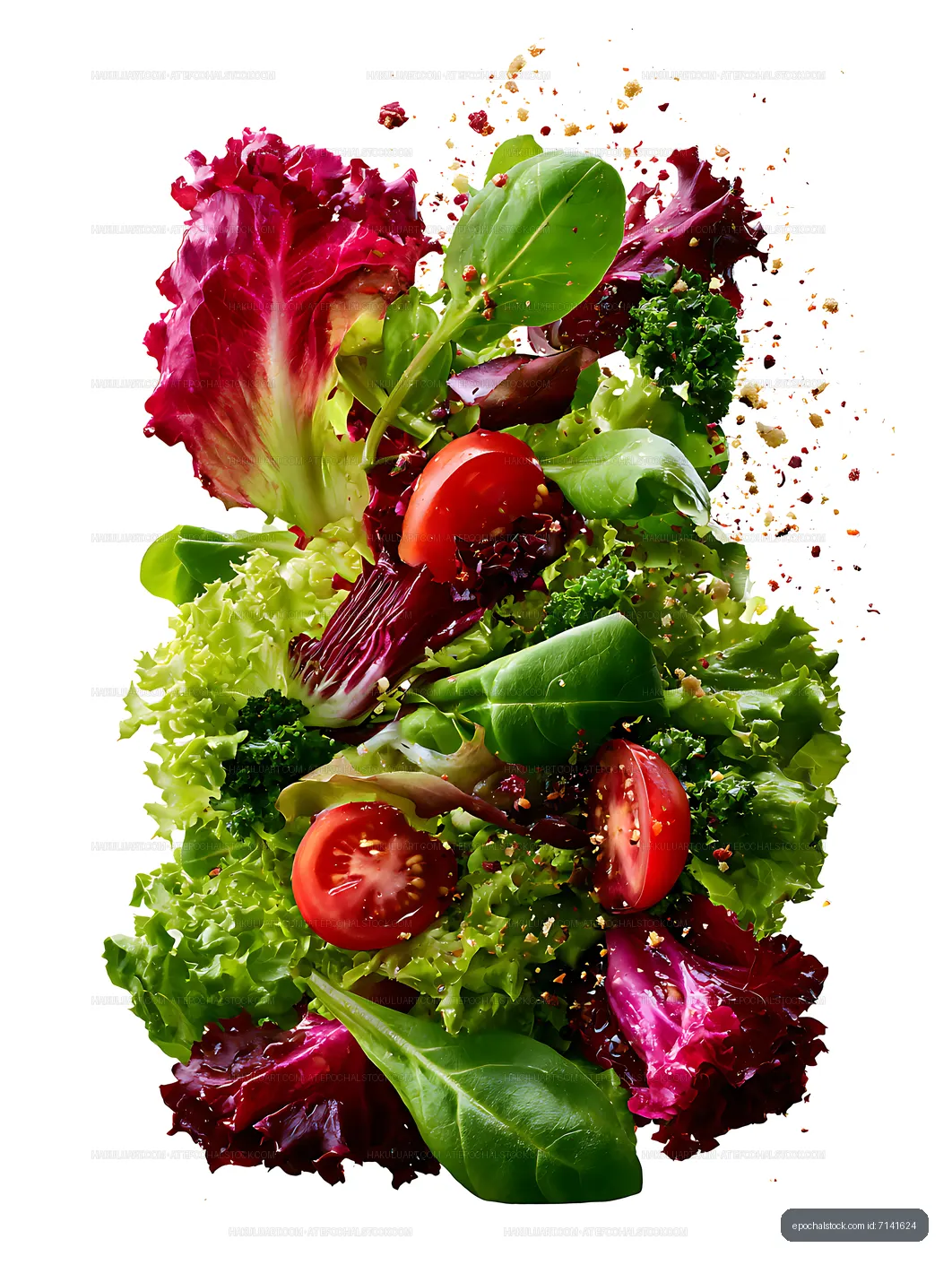 Fresh salad ingredients flying in the air