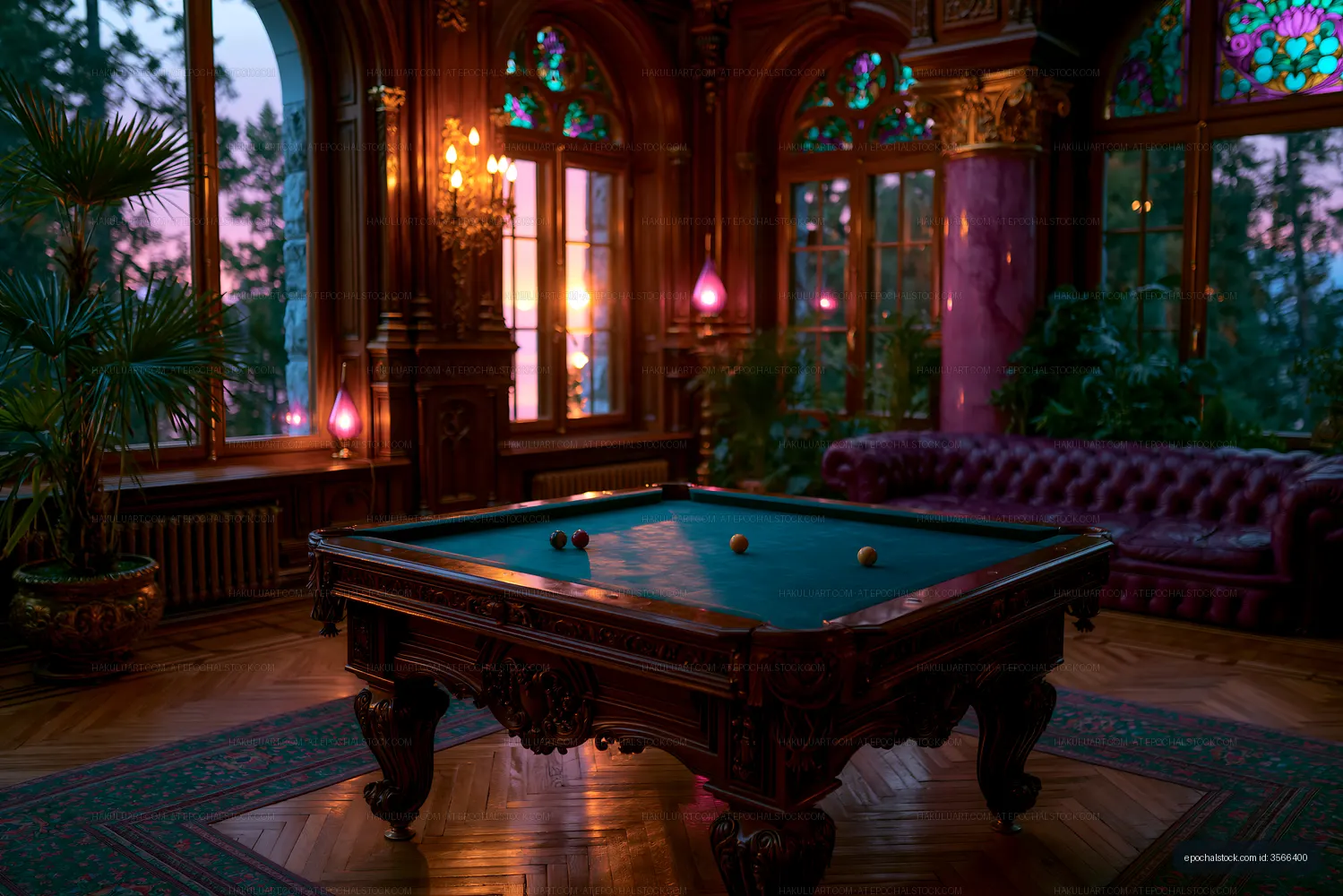 Pool table in ornate room with colorful stained glass windows