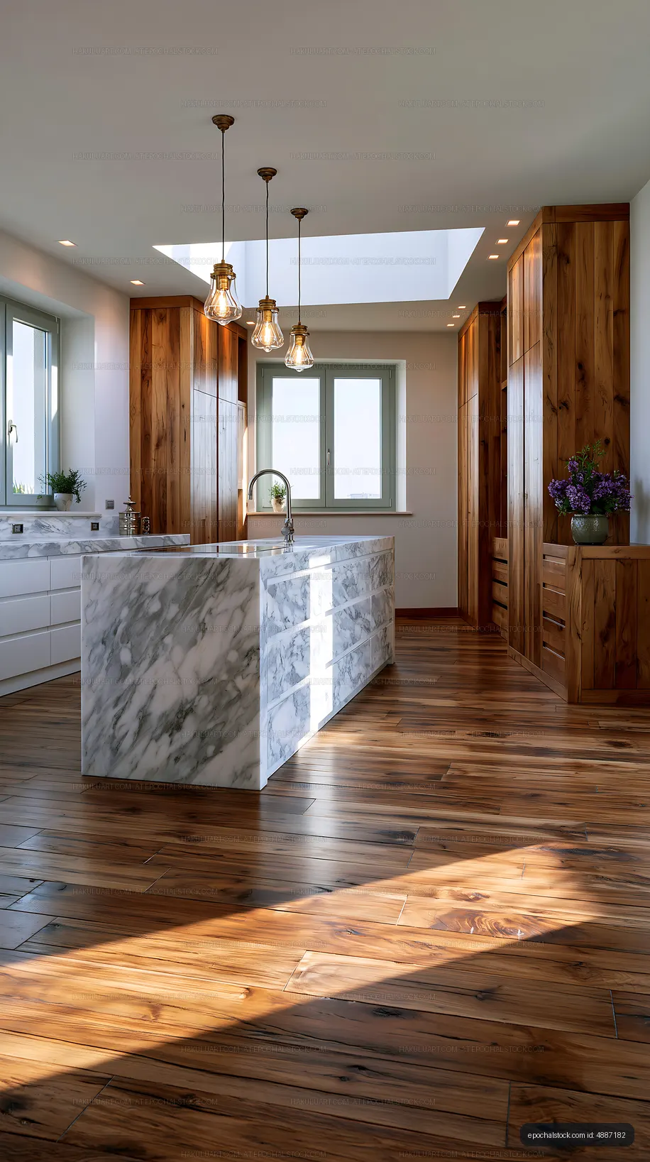 Modern kitchen with marble island and wooden cabinets