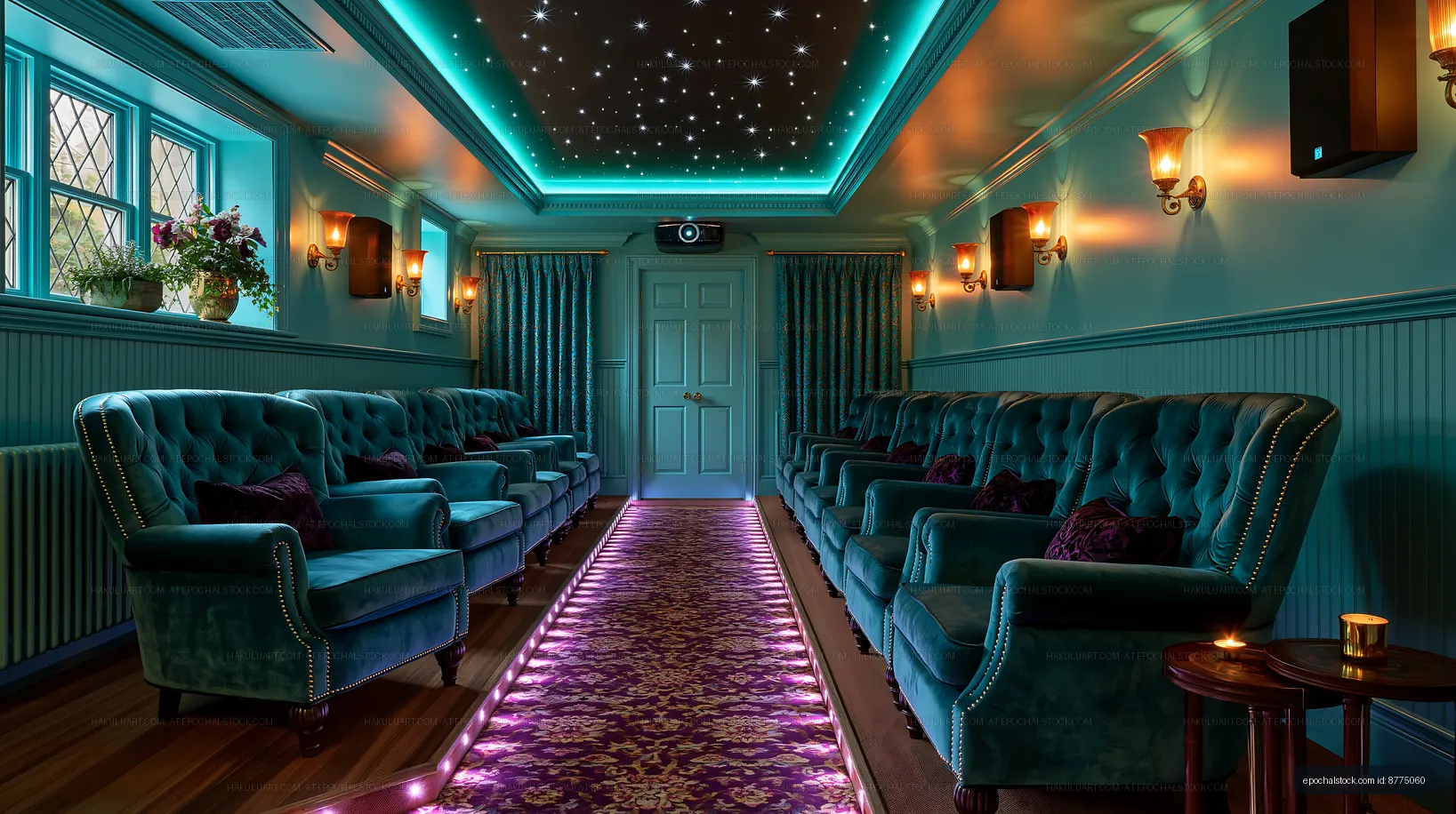 Cozy lounge area with teal decor and starry ceiling lights