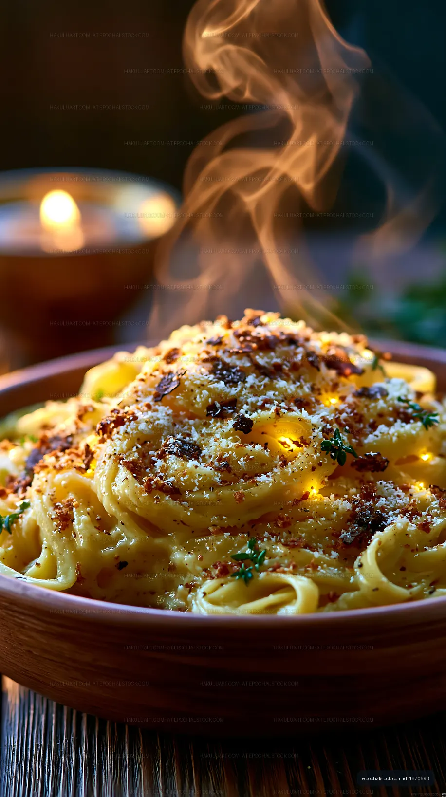 Pasta dish with steam and cheese served on wooden table