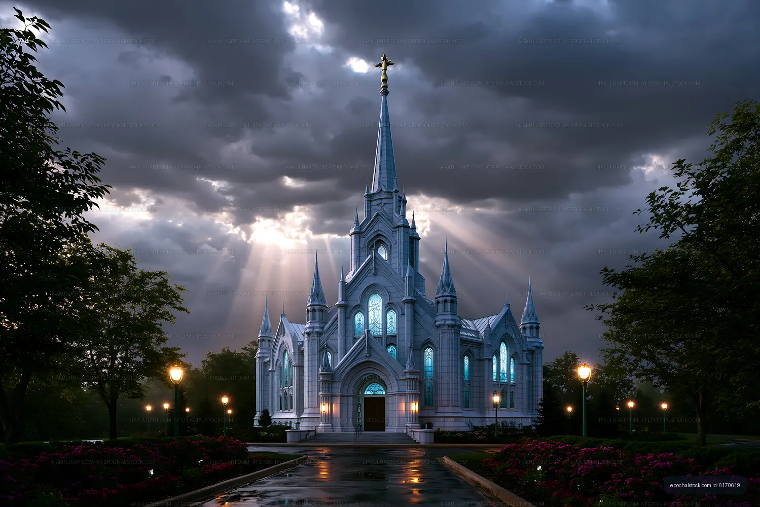 Stone church under dramatic sky with rays of light