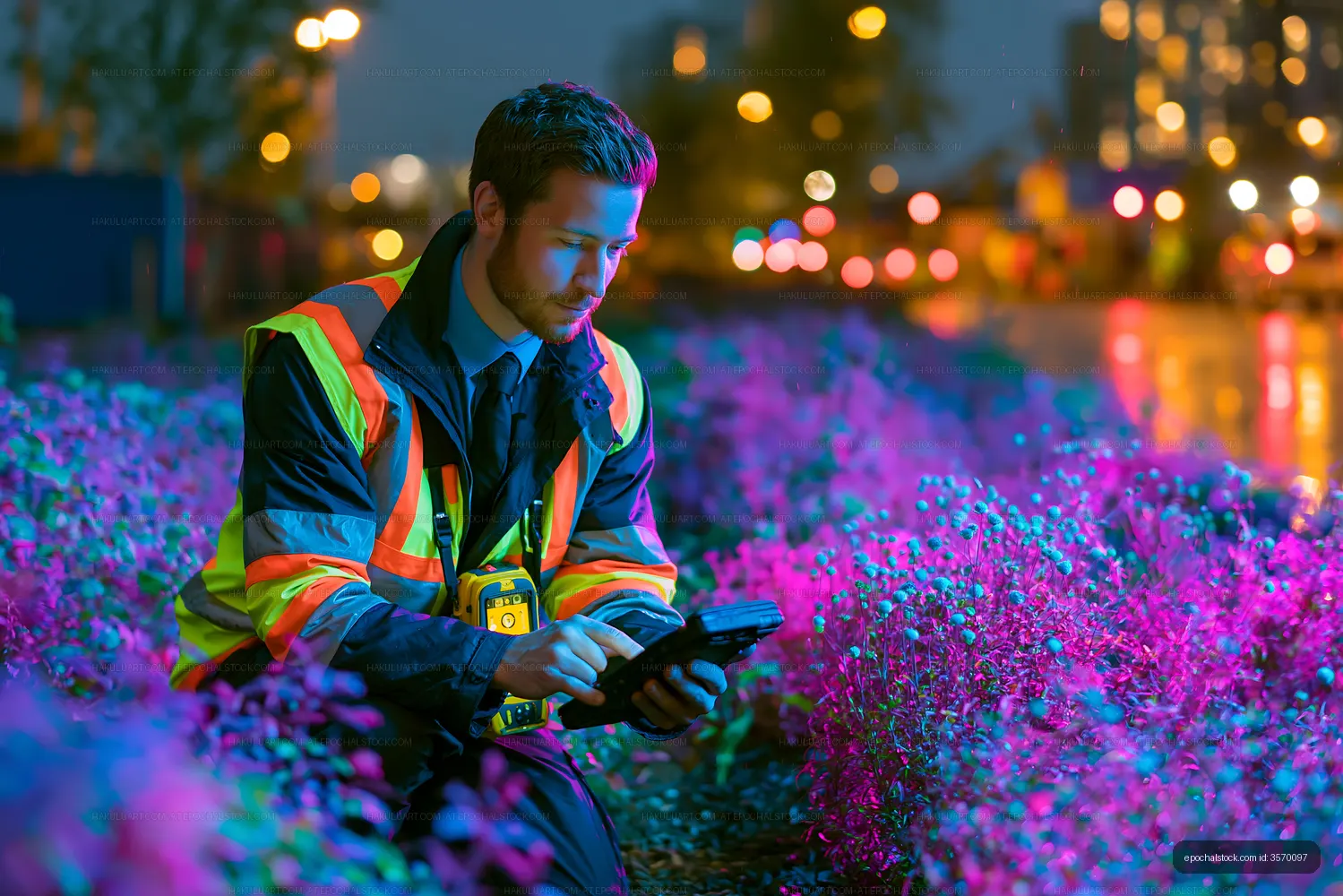 Worker using a tablet near flowers in a city at night