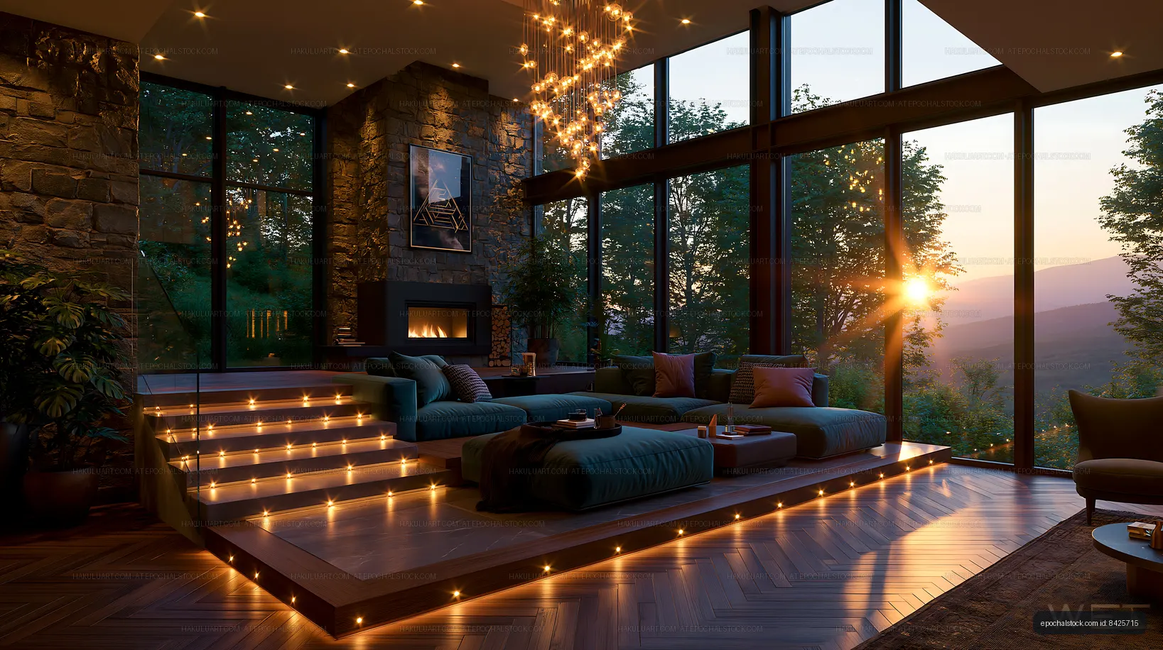 Cozy living room with fireplace and large windows at sunset