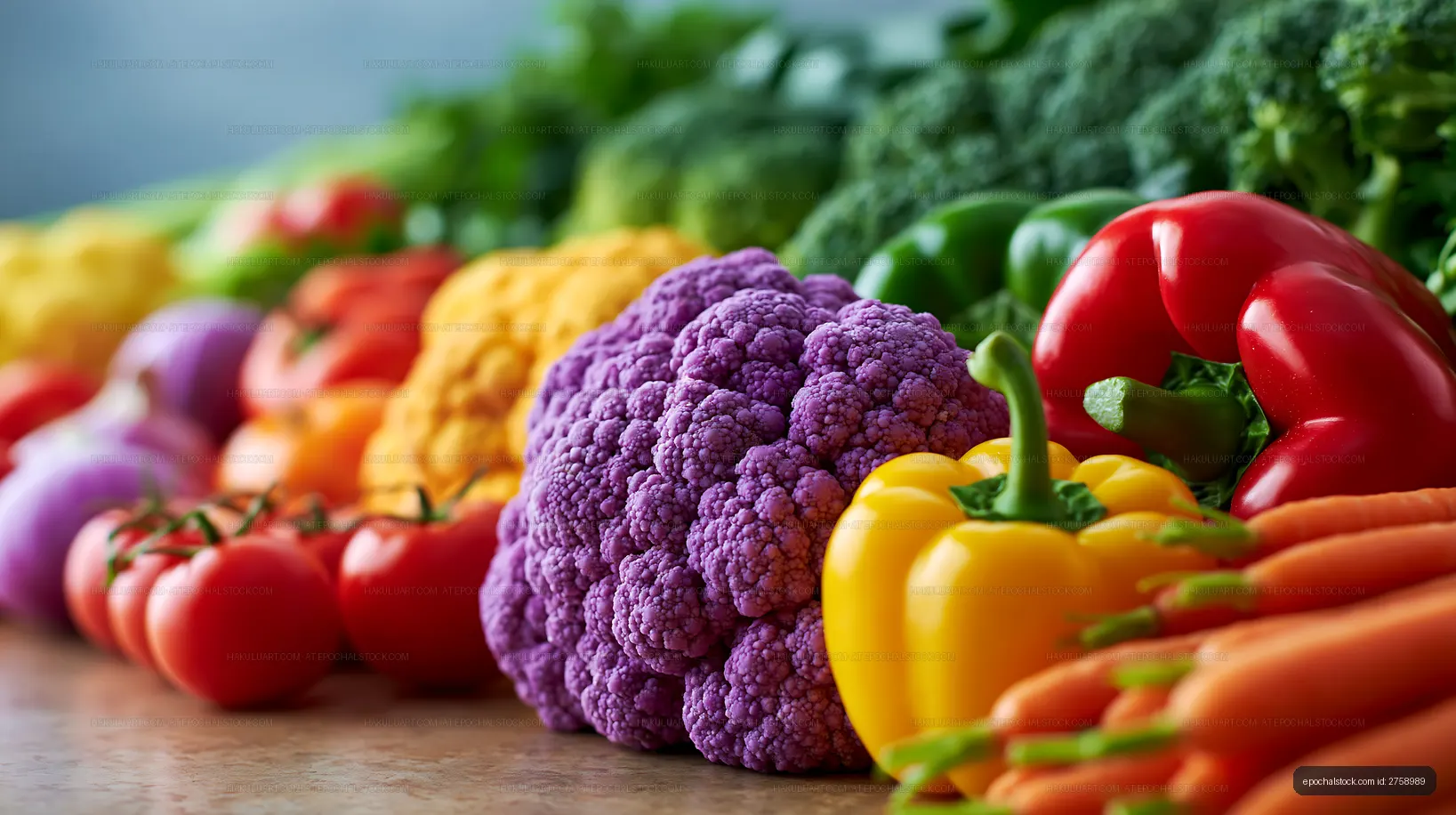 Colorful assortment of fresh vegetables on wooden table