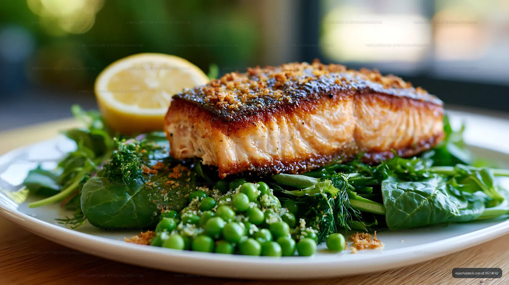 Grilled salmon fillet with greens and lemon on a white plate