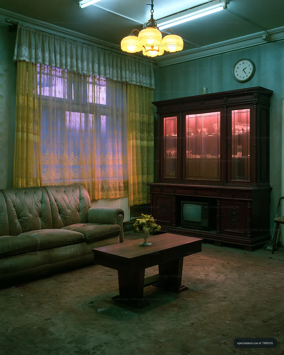 Living room with vintage furniture and soft lighting at dusk