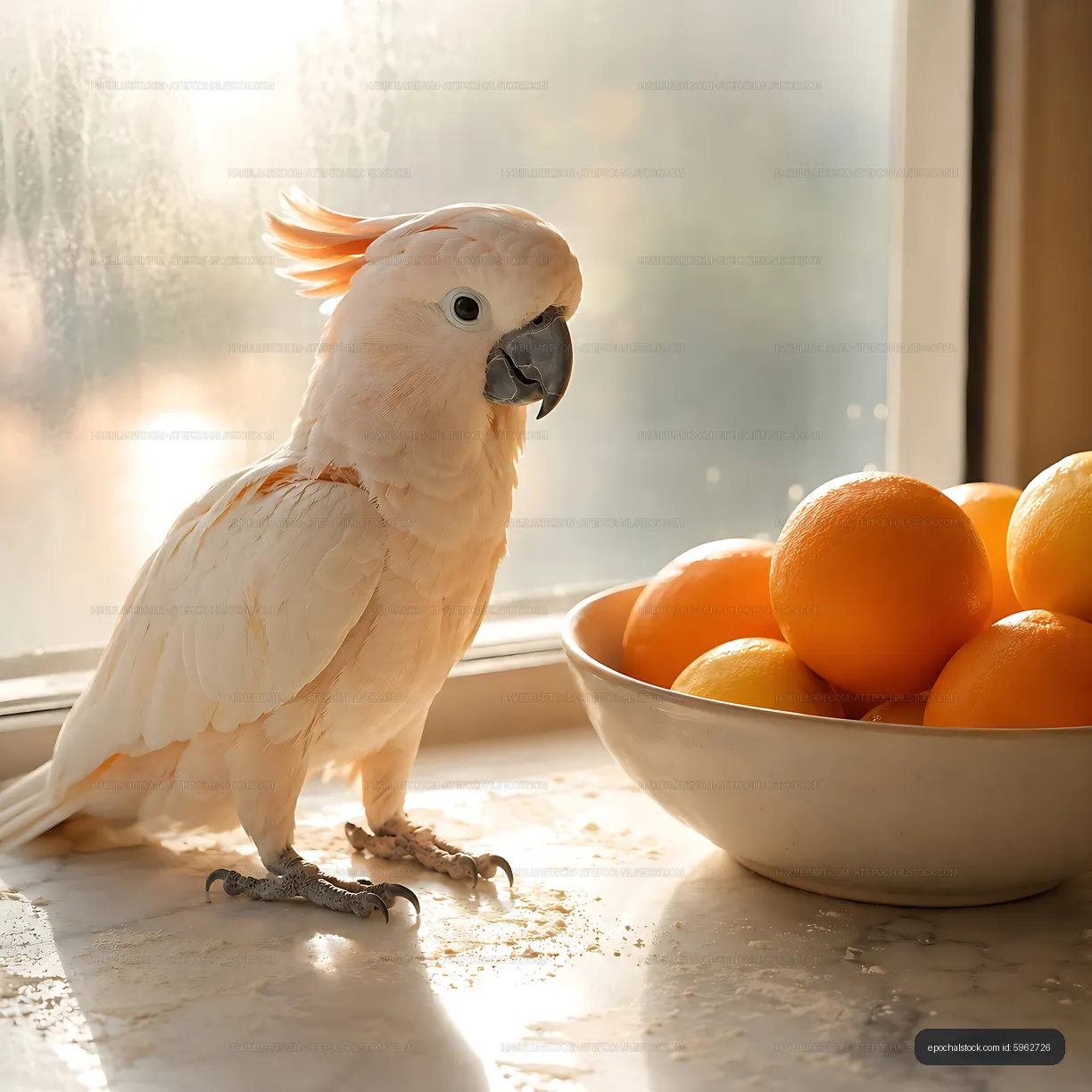 Cockatoo standing near a bowl of oranges by a window
