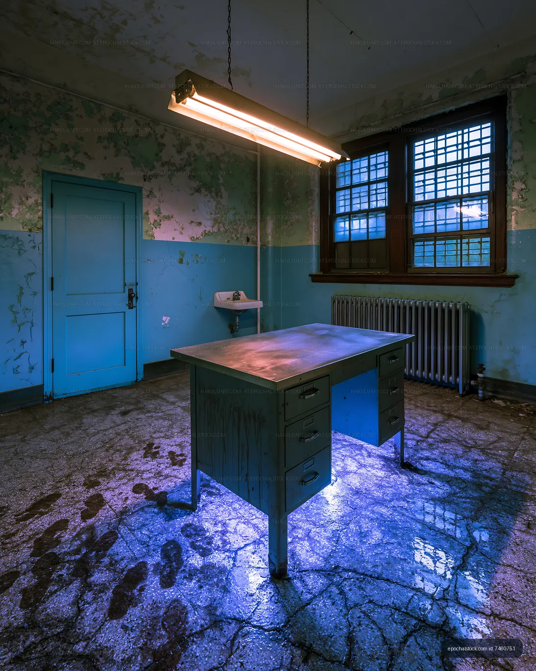 Abandoned room with desk and blue lighting