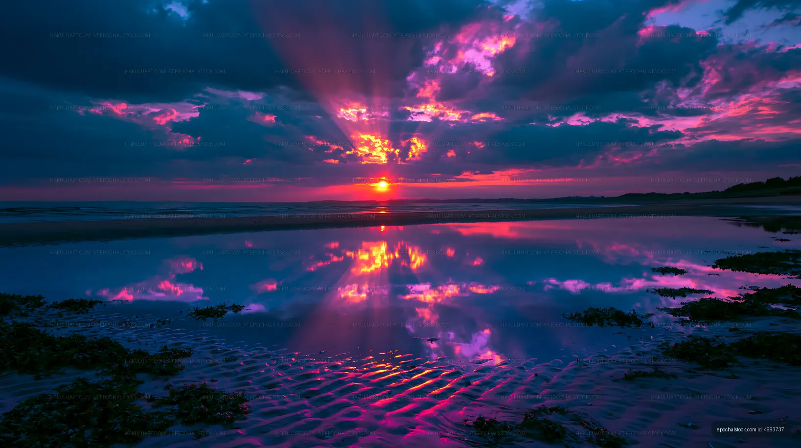 Vibrant sunset reflecting on water at the beach with dramatic clouds
