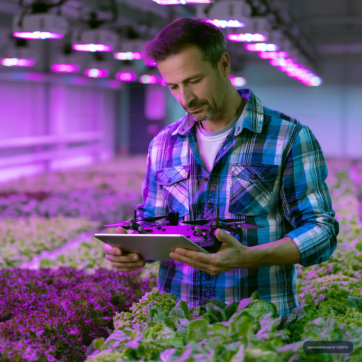 Man uses tablet to monitor hydroponic farm with grow lights