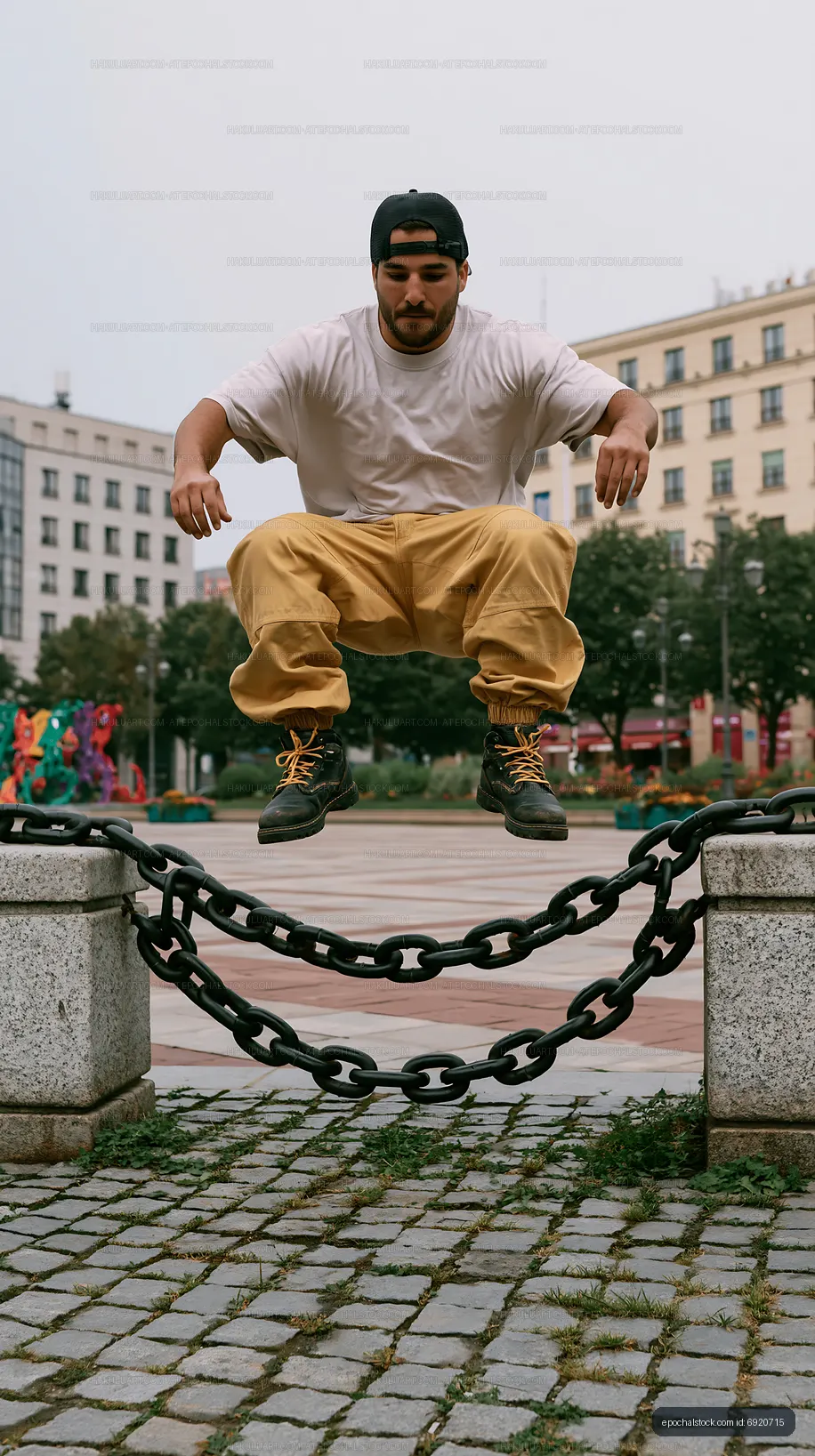 Man jumping over a chain in a city park