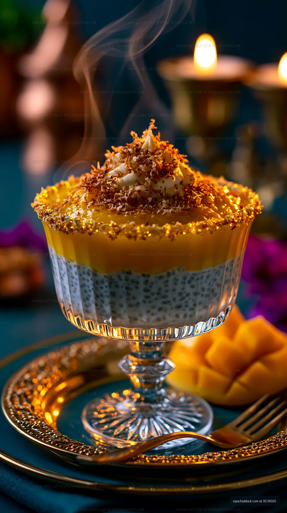 Chia pudding dessert with mango and coconut topping in a bowl