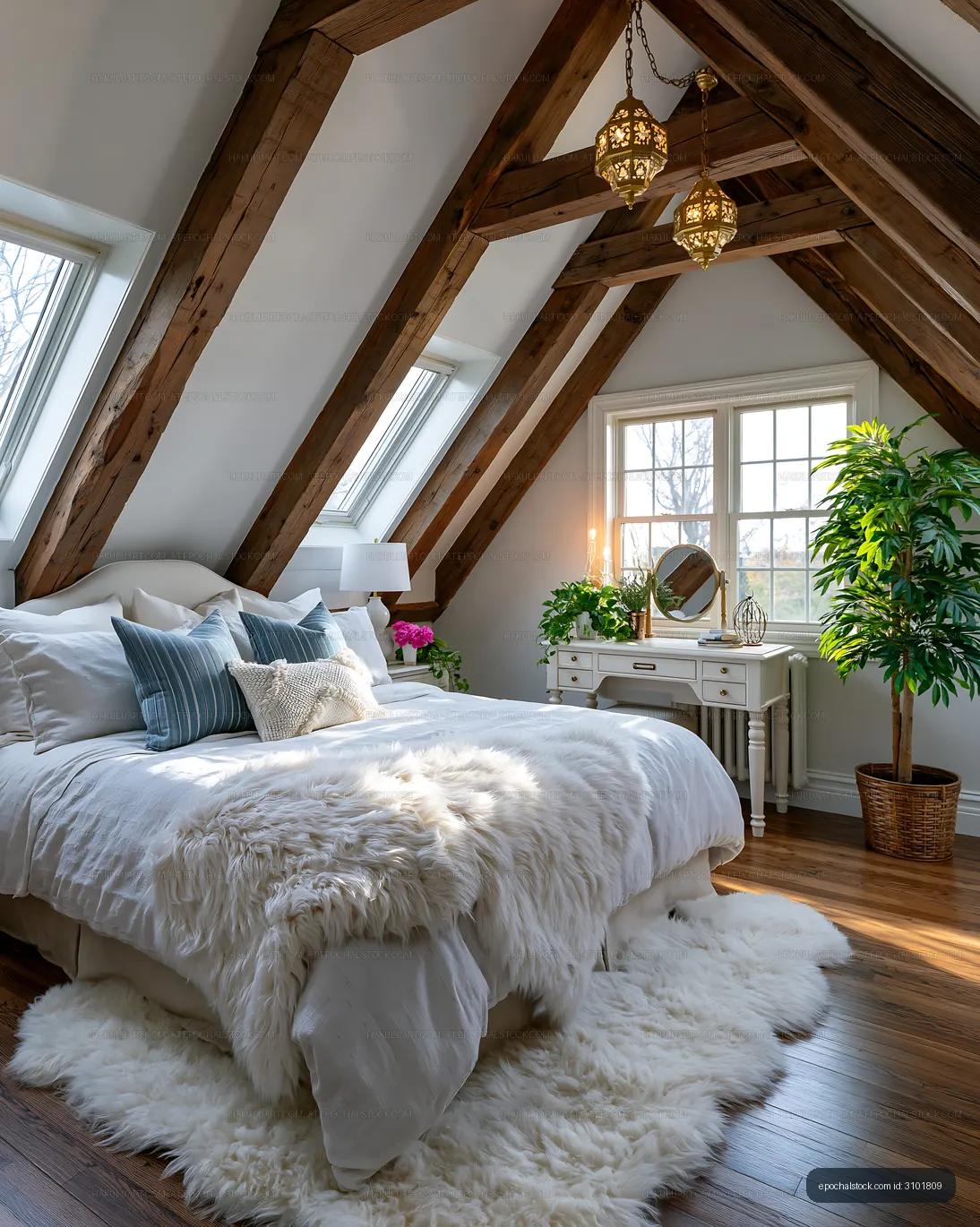 Cozy attic bedroom with wooden beams and decorative plants