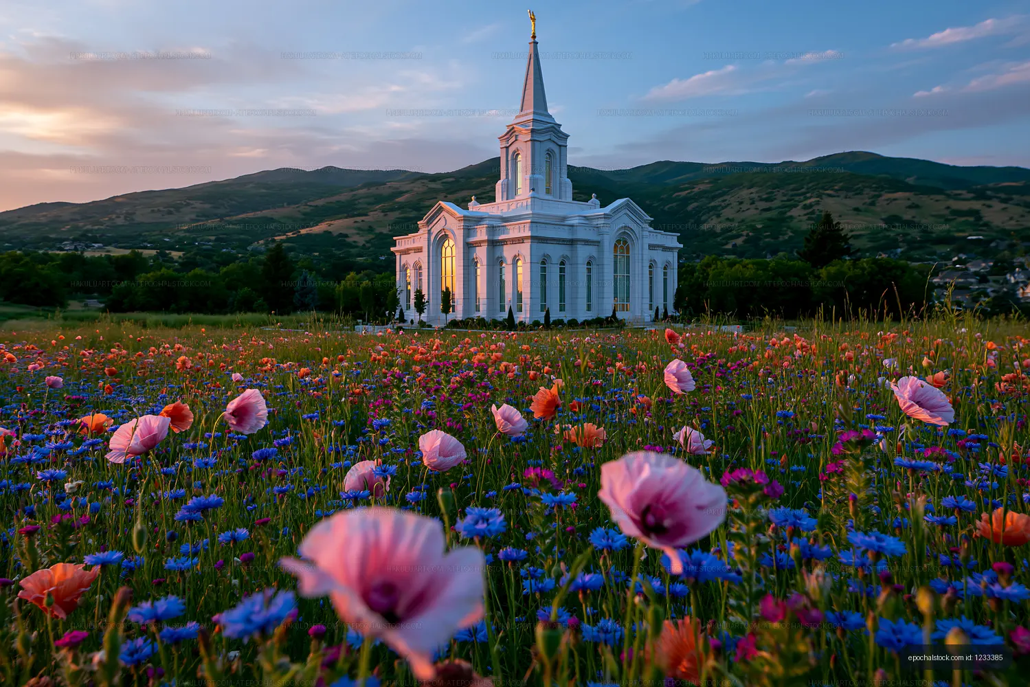 Sunset over white church with flowers in foreground
