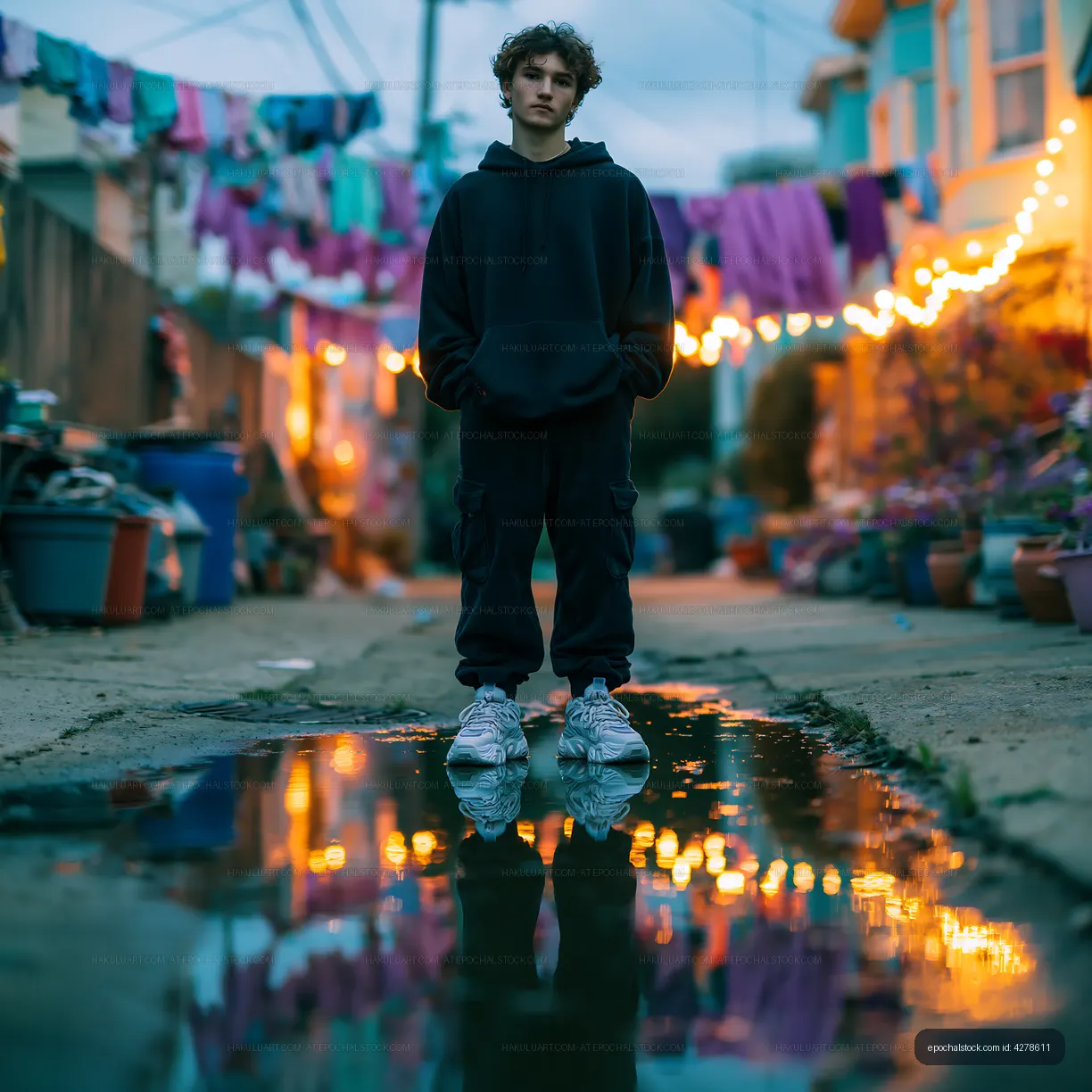 Young man stands in alley reflecting on puddle at dusk