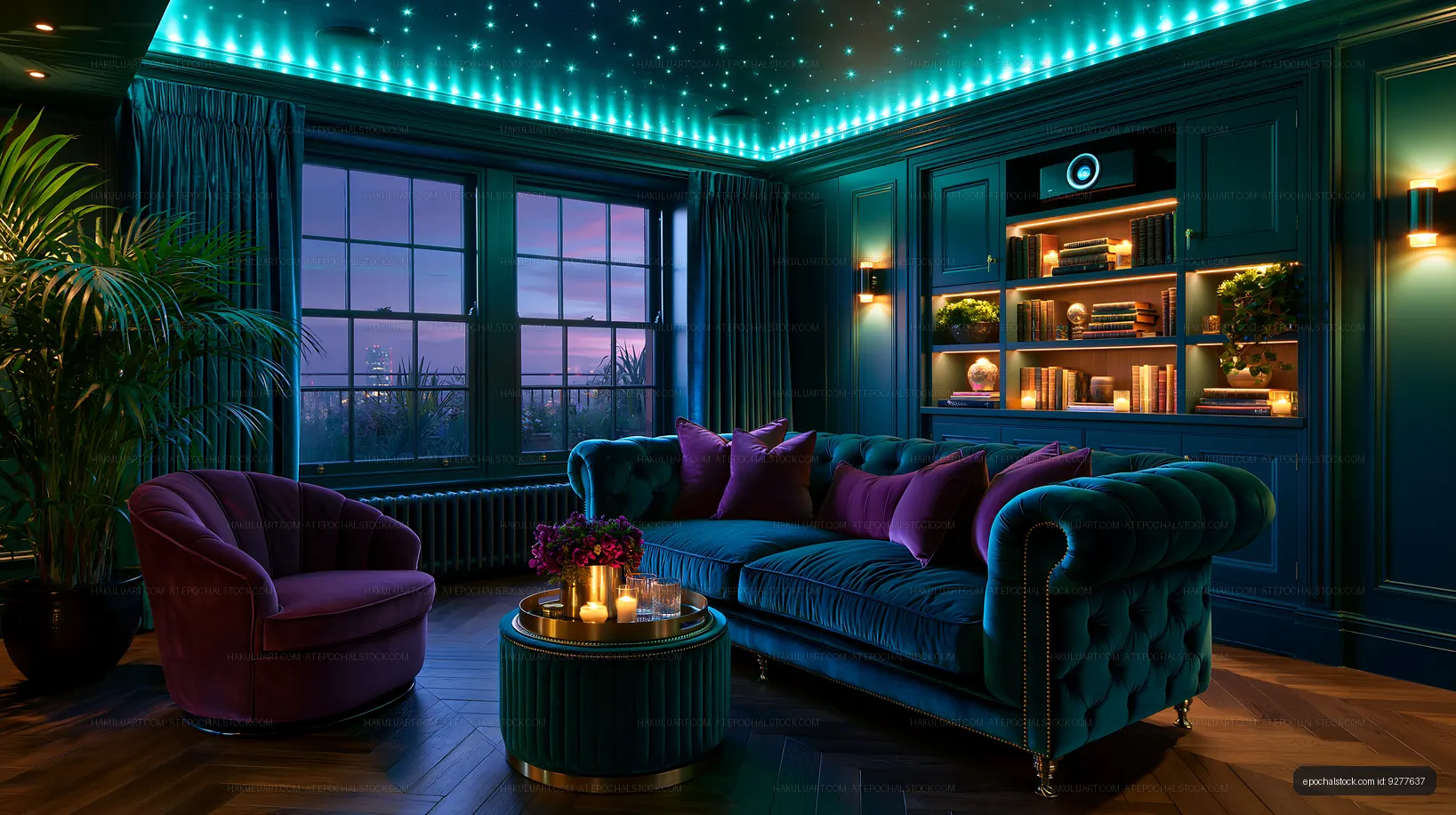 Cozy living room with teal decor and sunset view