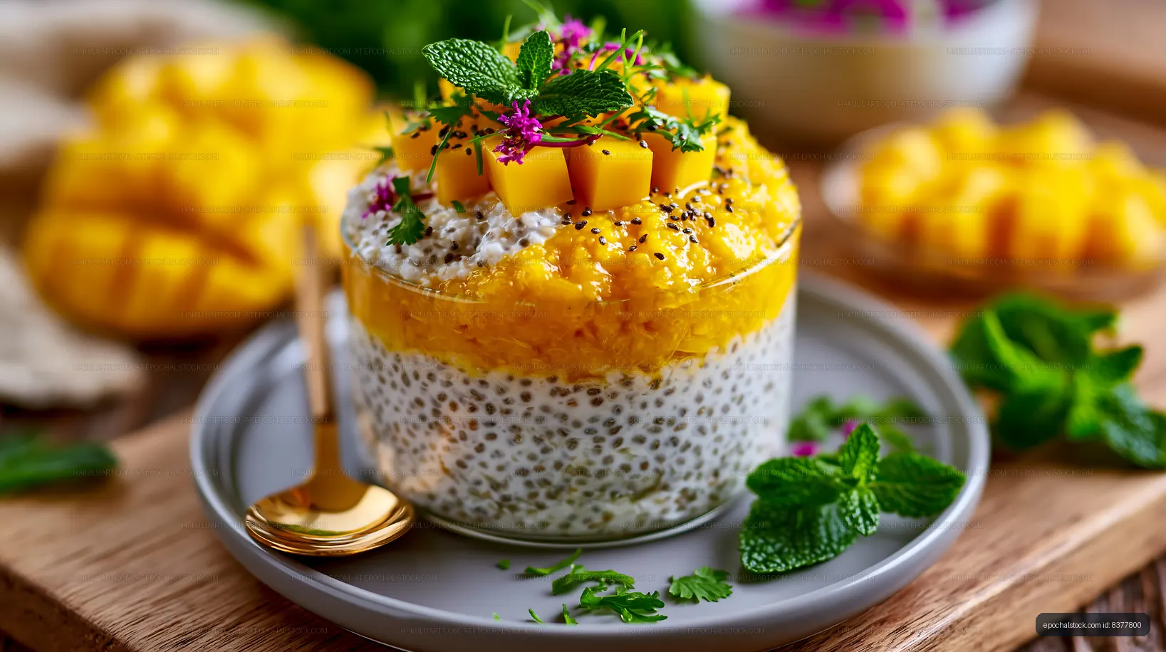 Mango chia pudding served with mint and tropical fruits