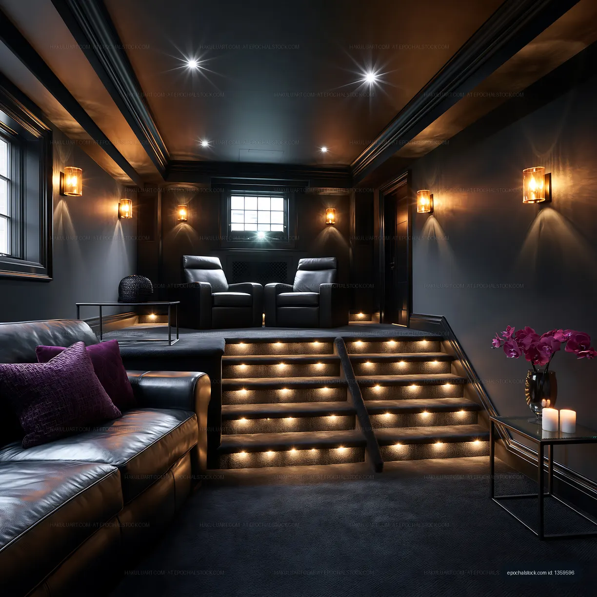 Modern home theater with cozy seating and ambient lighting
