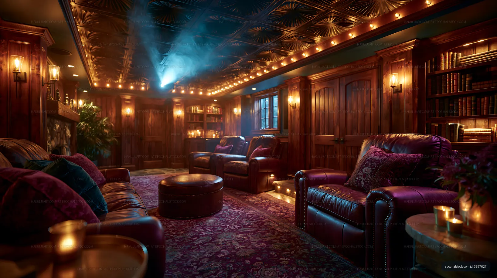 Cozy interior of a lounge with warm lighting and rich decor
