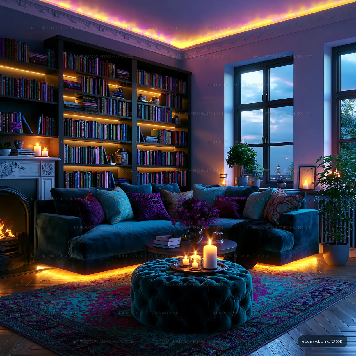 Cozy living room with bookshelf, candles, and soft lighting