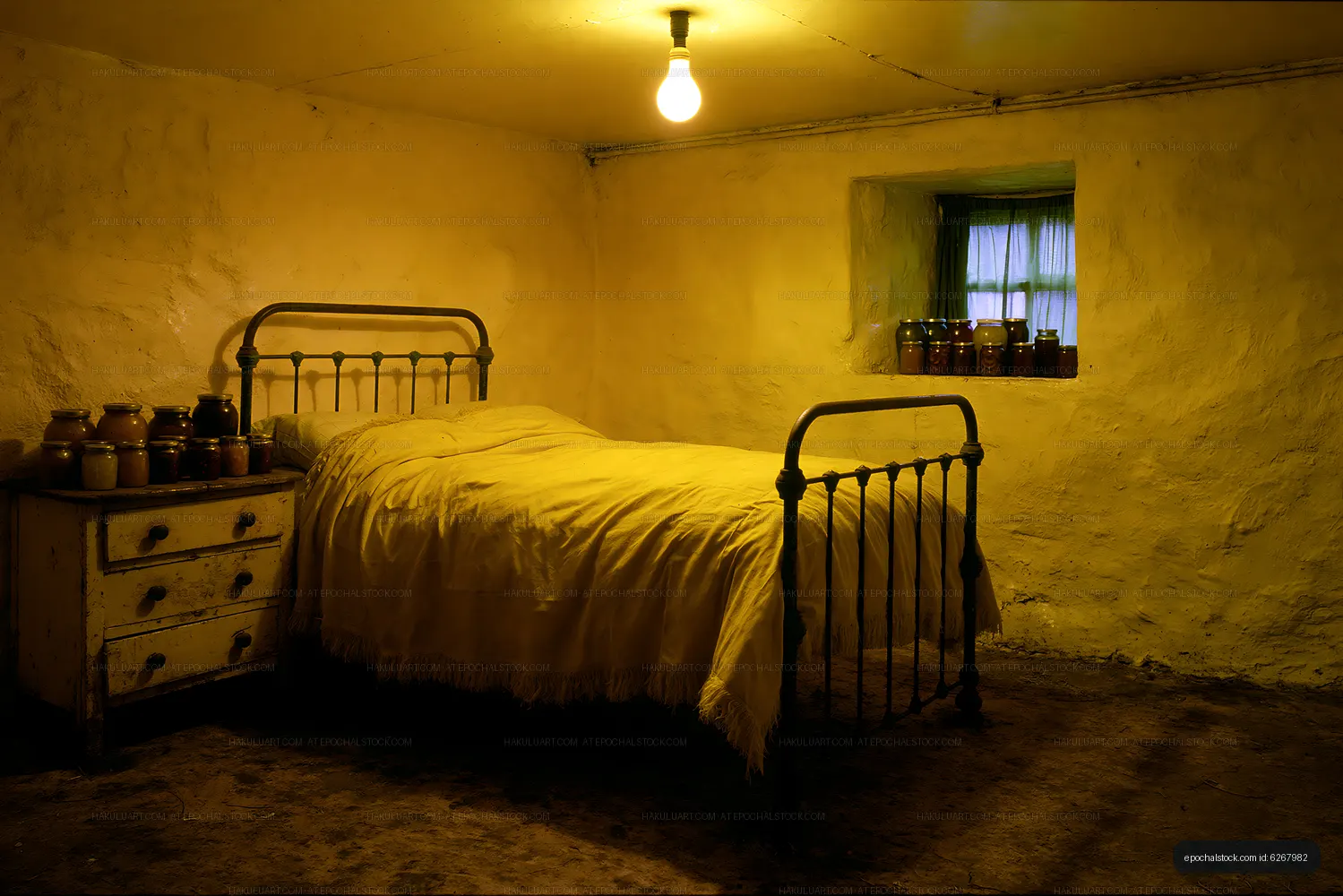 Old bedroom with simple bed and window in rustic setting
